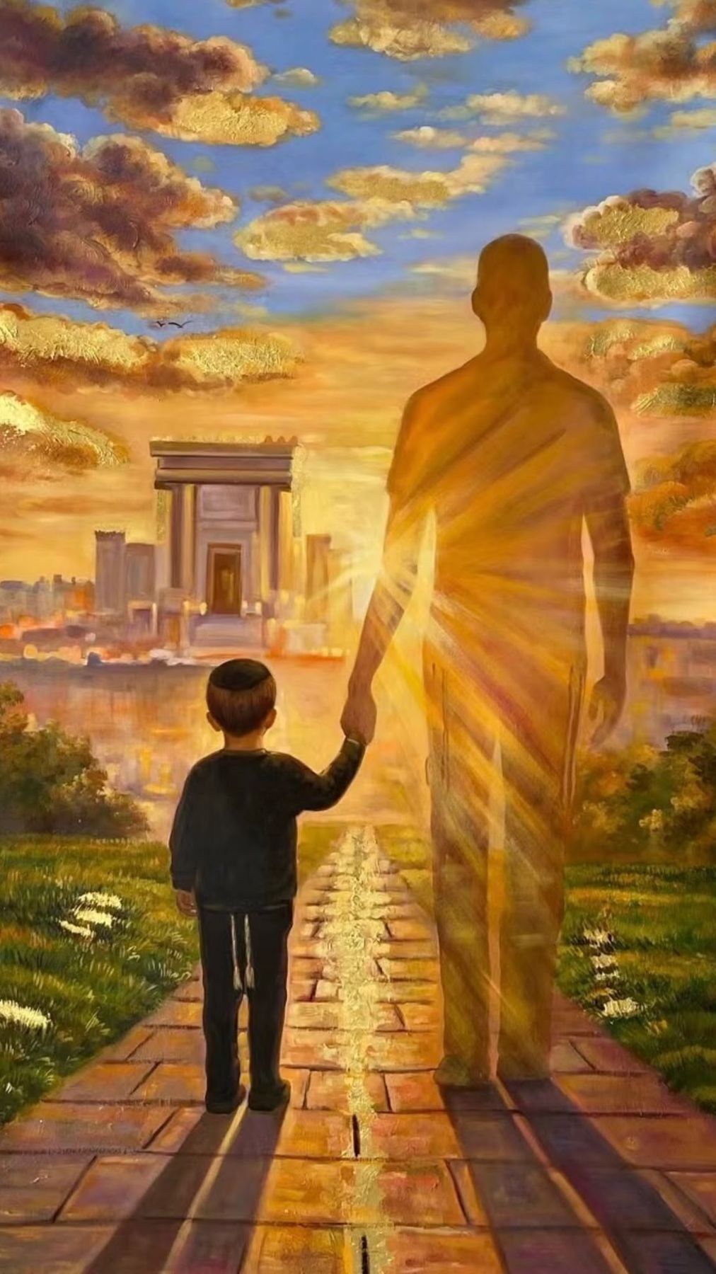 Father and child walking toward the Beis HaMikdash