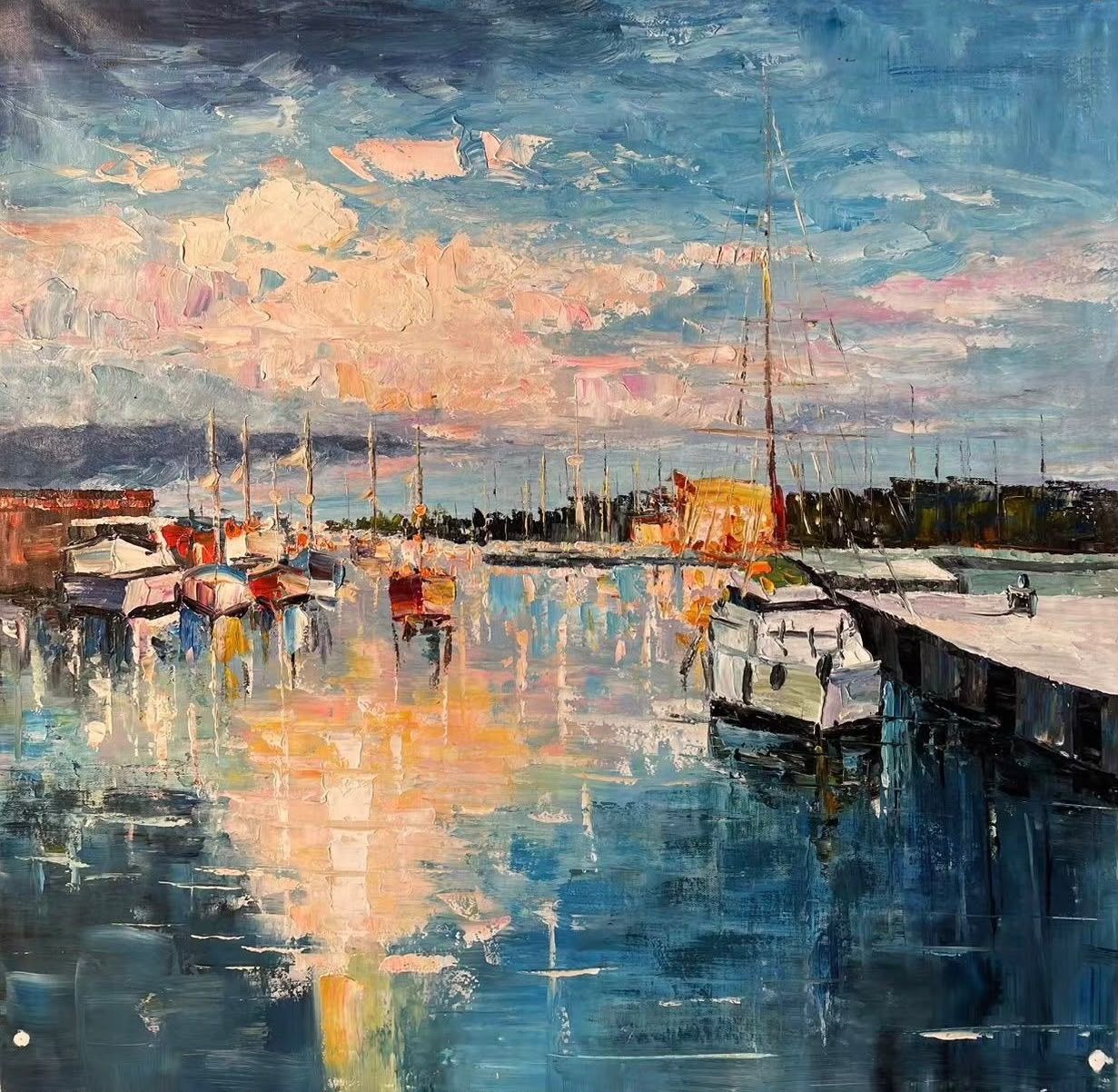 Harbour boats, original oil painting
