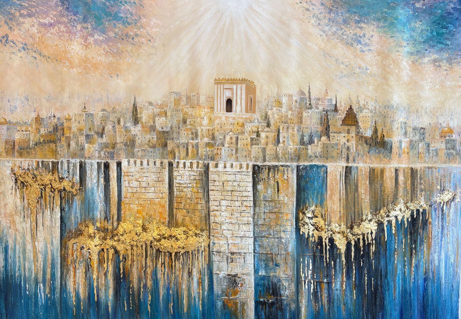 Jerusalem in blue and gold, hand-painted in oil