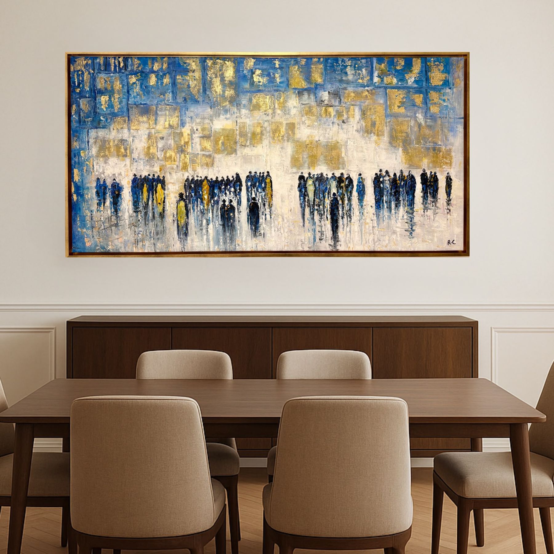 Blue and gold painting in a living room